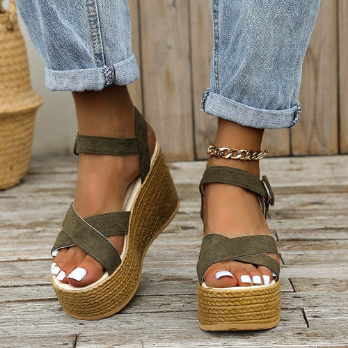 Damen Keil-Sandalen mit modischem Überkreuzriemen und rutschfester Sohle Drune