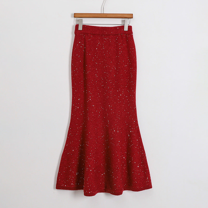 Damen nan figurbetonter gestrickter Midirock mit Glitzerfaser und Trompetensaum Drune