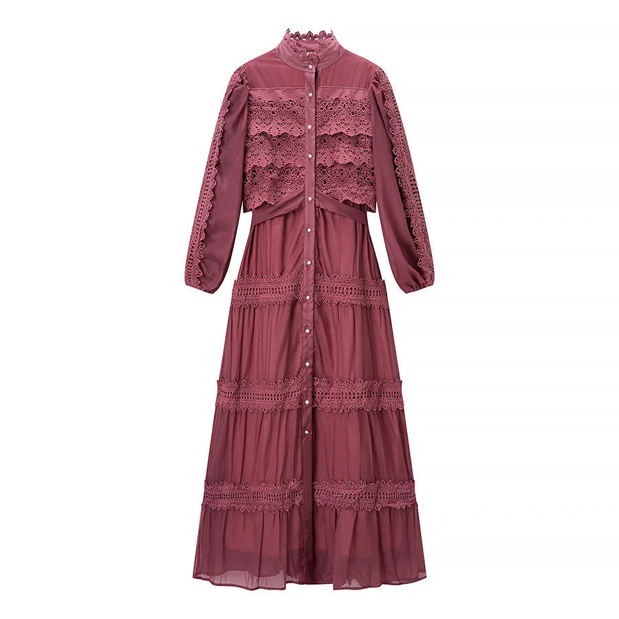 Damen nan romantisches Maxikleid mit Stehkragen, Knopfleiste und gehäkelten Spitzeneinsätzen Drune