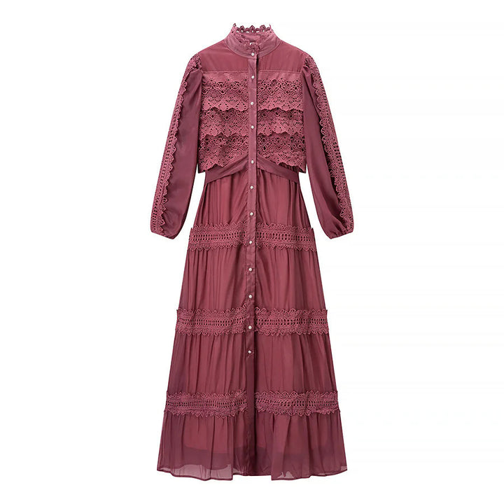 Damen nan romantisches Maxikleid mit Stehkragen, Knopfleiste und gehäkelten Spitzeneinsätzen Drune