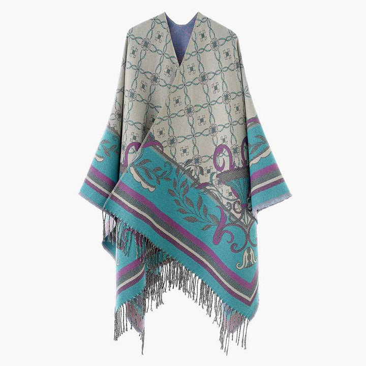 Damen Jacquard‑Gewebter Fransenponcho im Tapisserie‑Look Drune