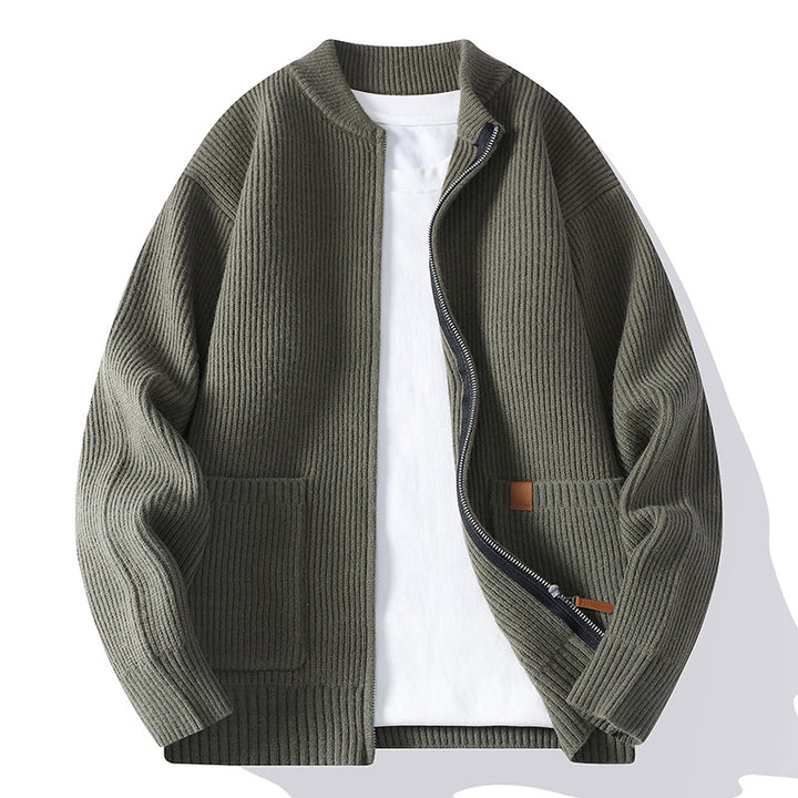 Herren Strukturierte Bomber-Strickjacke mit durchgehendem Metallreißverschluss und aufgesetzten Taschen Drune