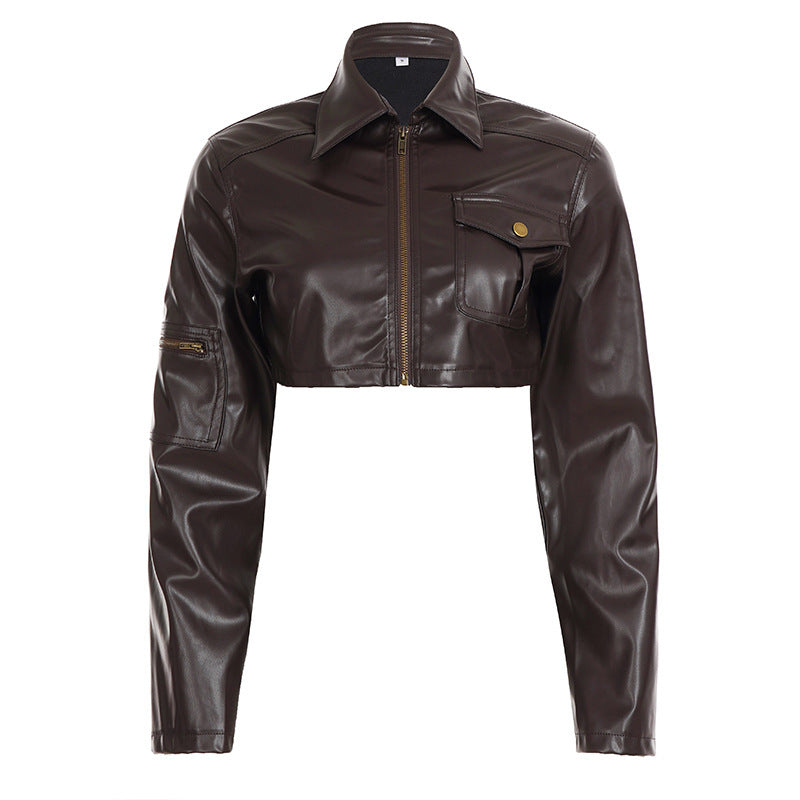 Damen Kurzgeschnittene Lederjacke im Bikerstil mit Hemdkragen und aufgesetzter Brusttasche Drune