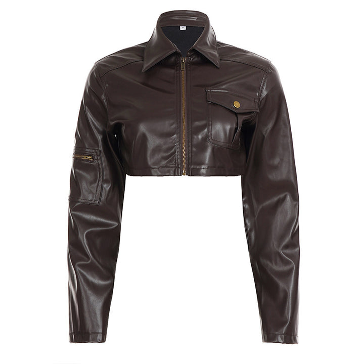 Damen Kurzgeschnittene Lederjacke im Bikerstil mit Hemdkragen und aufgesetzter Brusttasche Drune