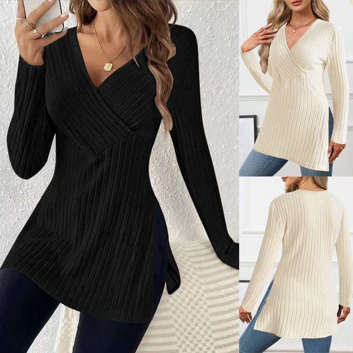 Damen Gerippter Wickel‑V‑Ausschnitt Longpullover mit Taillenbetonung und Seitenschlitzen Drune