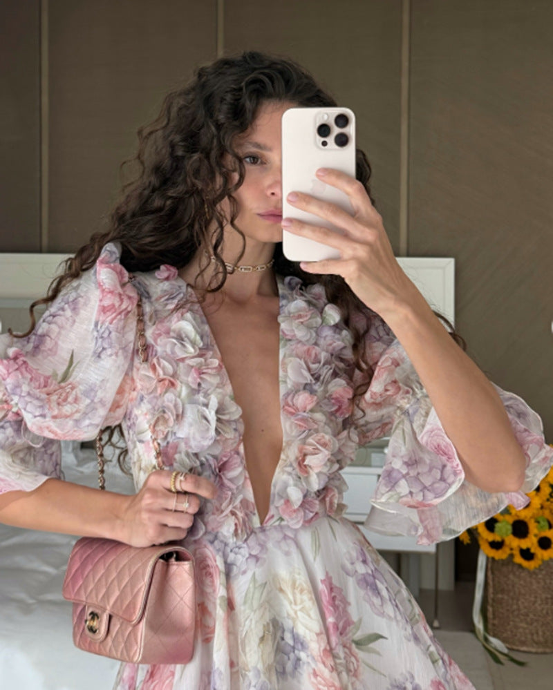 Damen Fließendes Maxikleid mit romantischen Rüschendetails und floralem Muster Drune
