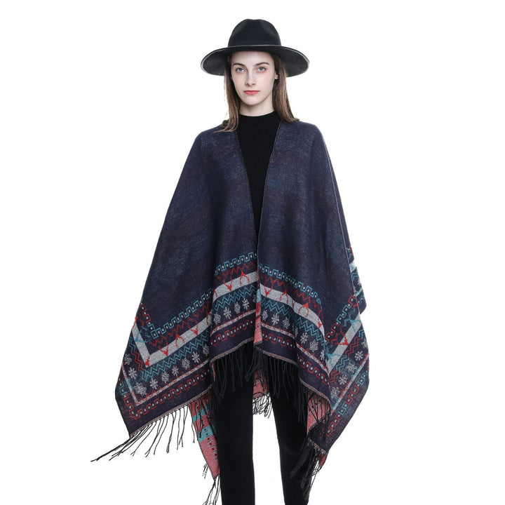 Damen Wollmix-Kimono-Poncho mit Norwegerbordüre und Fransen Drune