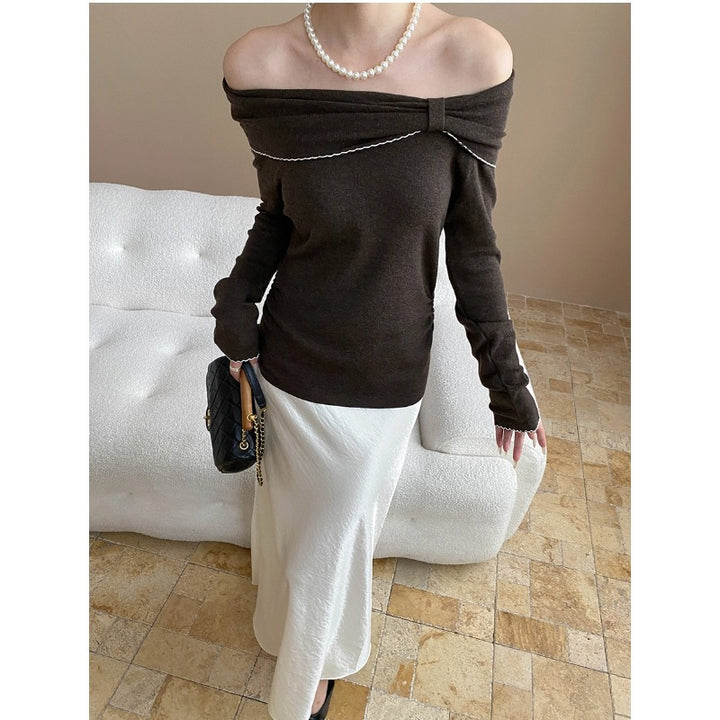 Damen eleganter off-shoulder Pullover mit Raffung und langen Ärmeln Drune