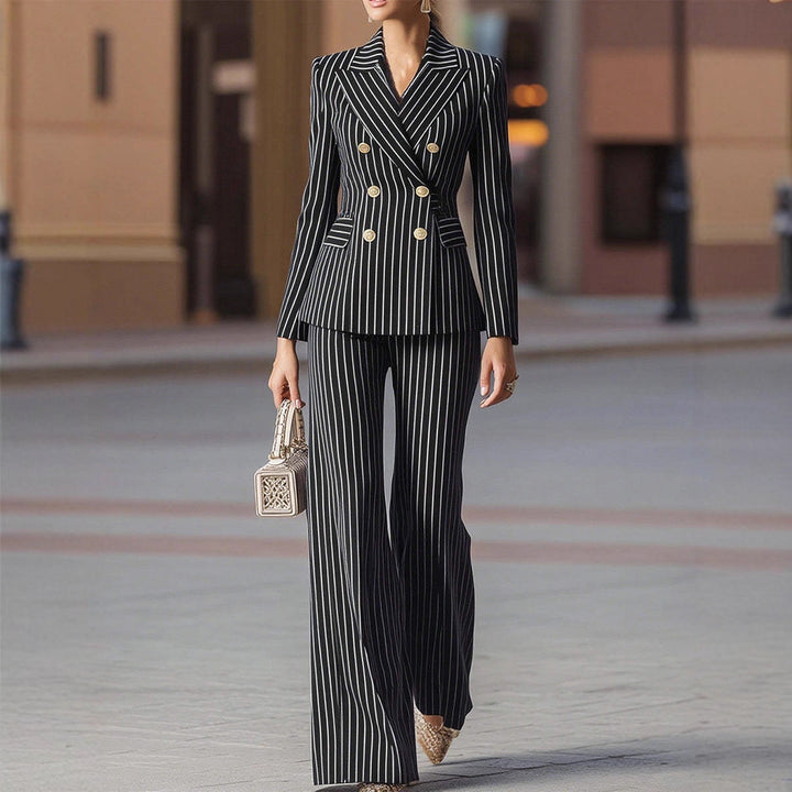 Damen Eleganter taillierter Hosenanzug mit doppelter Knopfleiste und Nadelstreifen Drune