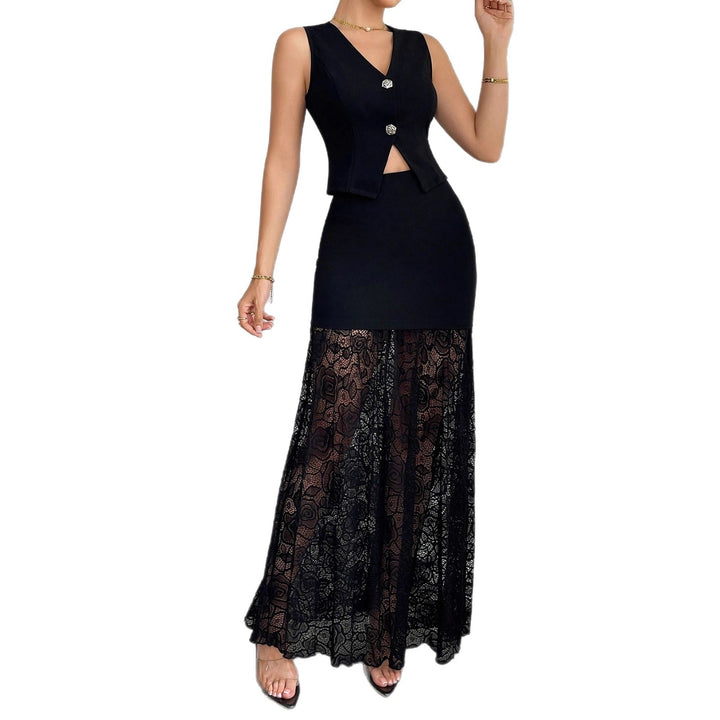 Damen nan zweiteiliges Abend-Set mit taillierter Weste und bodenlangem Spitzen-Overlay-Rock Drune