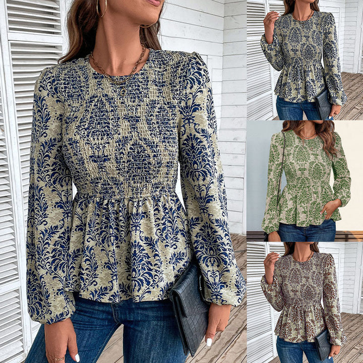 Damen Gerafftes Smock-Blusenshirt mit Peplum und voluminösen Puffärmeln Drune