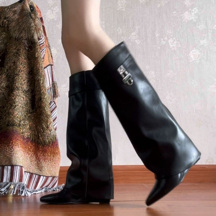 Damen kniehohe Lederstiefel mit spitzer Zehenform, flachem Absatz und seitlichem Schnallenverschluss Drune
