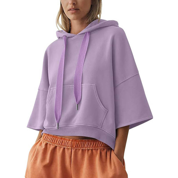 Damen Cropped Kapuzenpullover mit 3/4-Ärmeln und Kängurutasche Drune