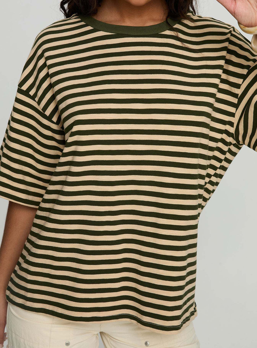 Damen gestreiftes T-Shirt mit lockerer Passform und Rundhalsausschnitt Drune