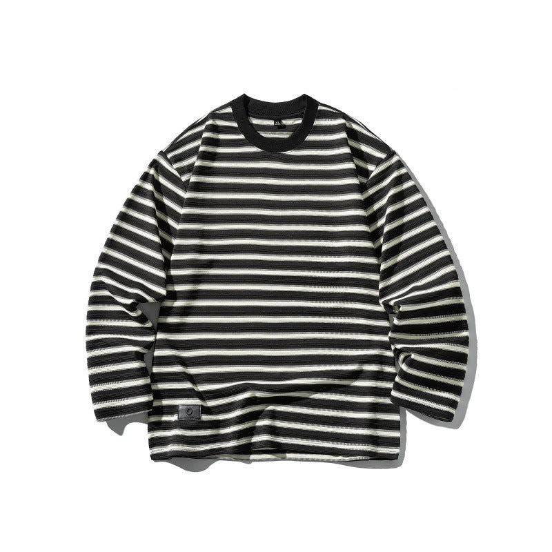 Unisex Gestreiftes Oversize-Langarmshirt aus Baumwollmix mit geripptem Rundhals Drune