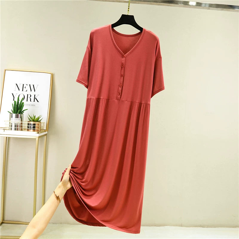Modal-Kurzarmkleid mit Knopfleiste für Damen, lockere Passform und figurschmeichelnde Wirkung Drune