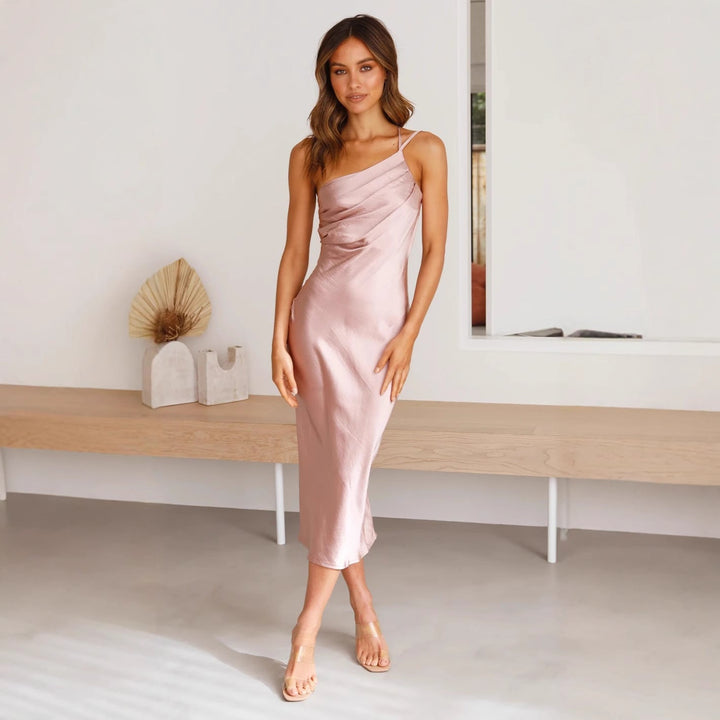 Damen Satin-Midikleid mit asymmetrischem Schnitt und elegantem Flair Drune