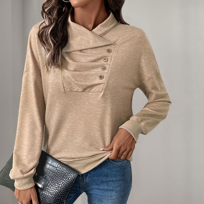 Damen Gekreuzter Stehkragen-Sweatshirt mit Knopfblende und gerippten Bündchen Drune