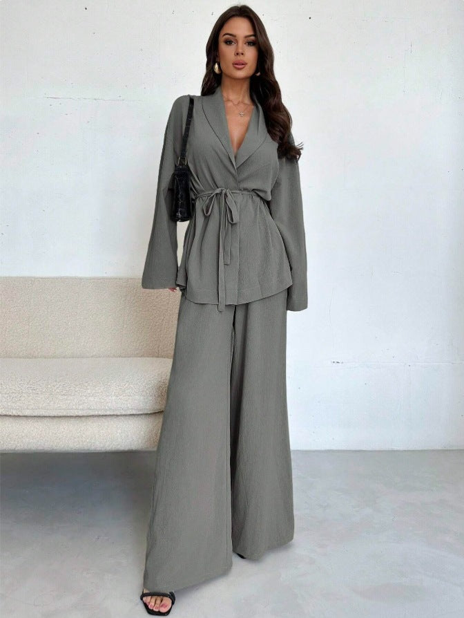 Damen Entspannter Wickelblazer und Weite-Hosen Set Drune
