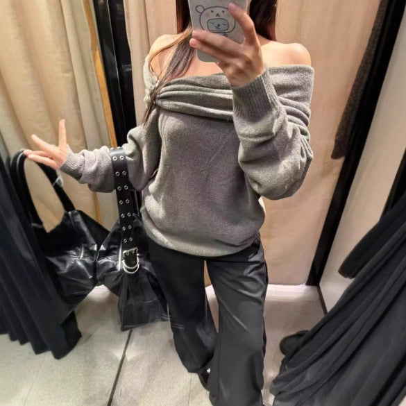 Damen Eleganter Pullover mit asymmetrischem Schalkragen und dekorativem Verschluss Drune