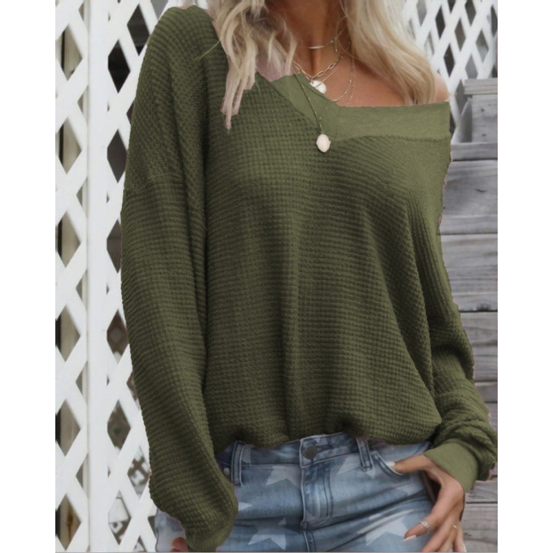 Damen Off‑Shoulder Waffelstrickpullover mit weitem Arm und elastischen Bündchen Drune