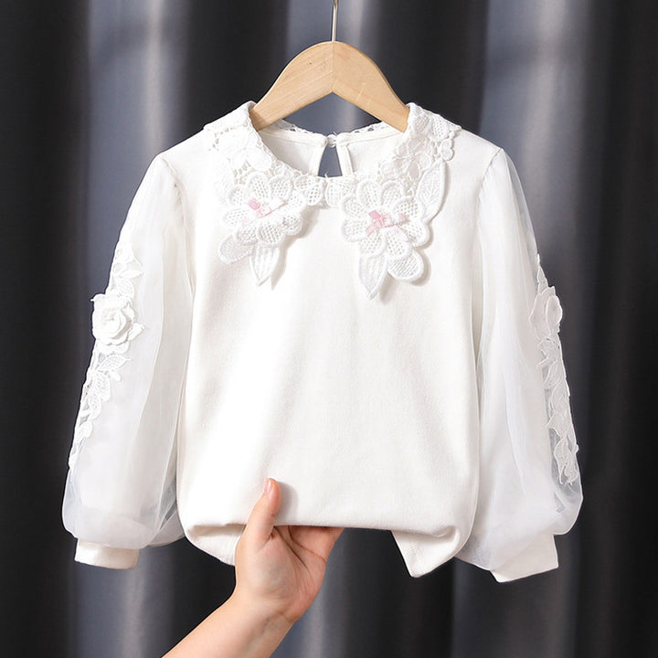 Mädchen Bluse mit floraler Stickerei und transparenten Ärmeln Drune