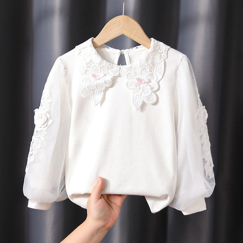 Mädchen Bluse mit floraler Stickerei und transparenten Ärmeln Drune
