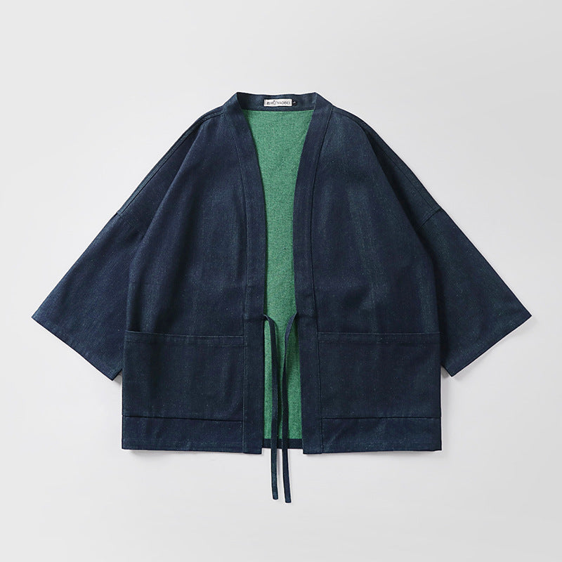 Unisex weit geschnittene Kimono-Jacke aus Baumwoll-Denim mit Bindeband und großen Aufgesetzten Taschen Drune