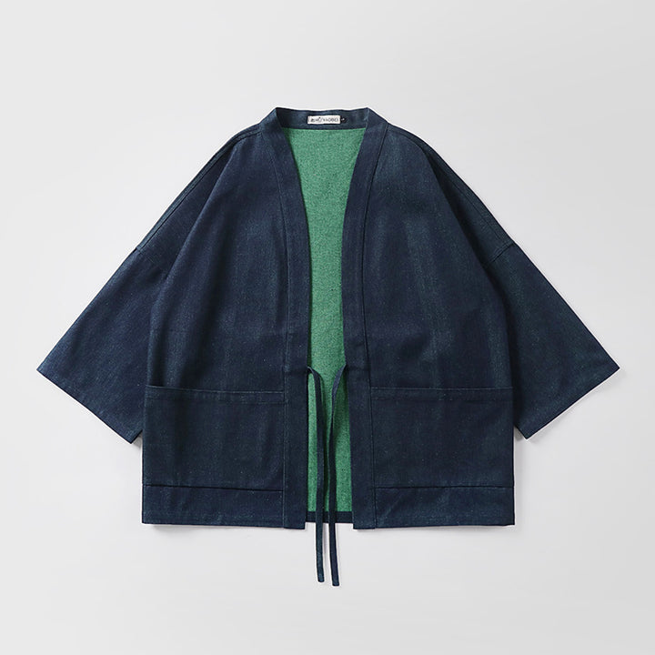 Unisex weit geschnittene Kimono-Jacke aus Baumwoll-Denim mit Bindeband und großen Aufgesetzten Taschen Drune