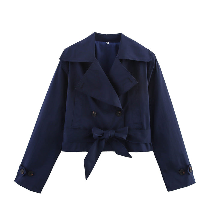Damen Cropped Trenchjacke im Boxy‑Schnitt mit weitem Revers und Bindeschleife Drune