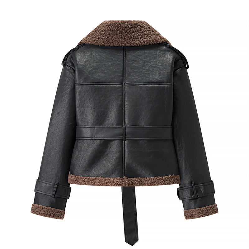 Damen Modische Kunstlederjacke mit kuscheligem Innenfutter und Bindegürtel Drune