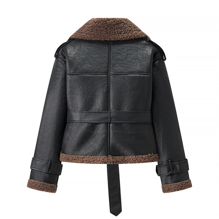 Damen Modische Kunstlederjacke mit kuscheligem Innenfutter und Bindegürtel Drune