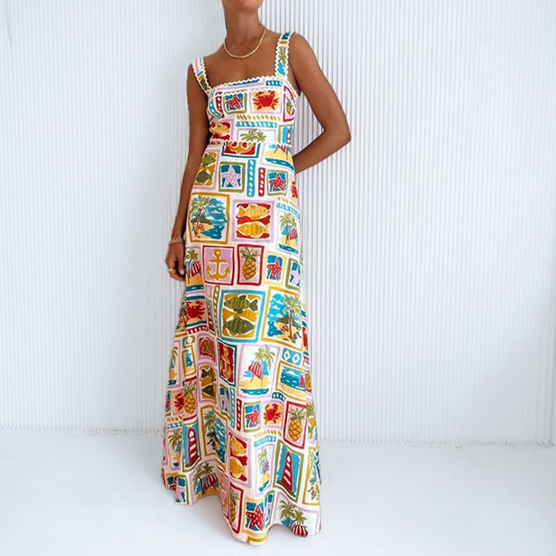 Damen Verspieltes Maxikleid mit buntem Print und schmalen Trägern Drune