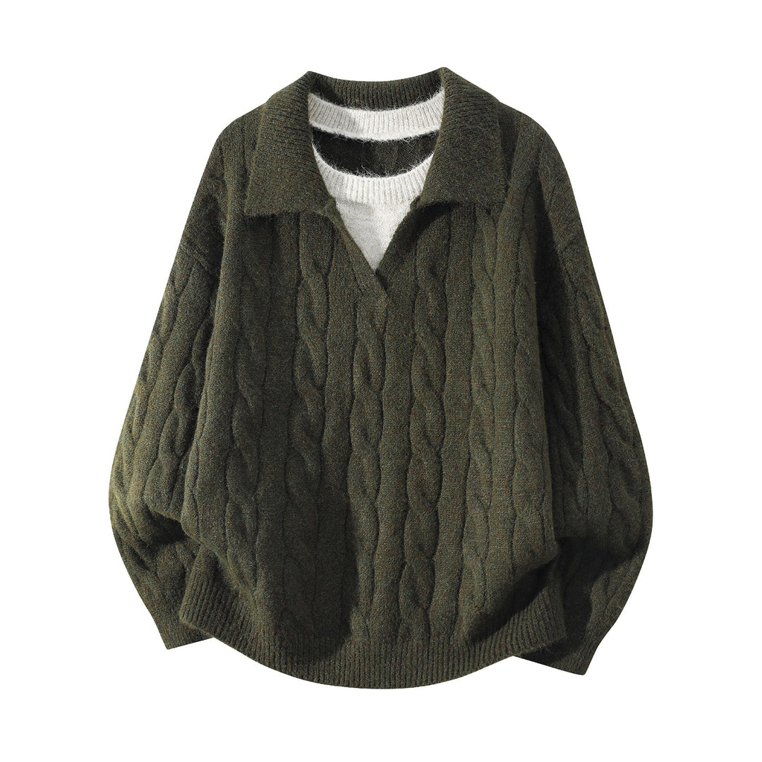 Damen Oversize Zopfmuster-Pullover mit offenem Polokragen & Layer‑Look Drune
