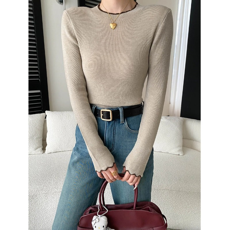 Damen eleganter Pullover mit wellenförmigem Saum und feiner Rippstruktur Drune