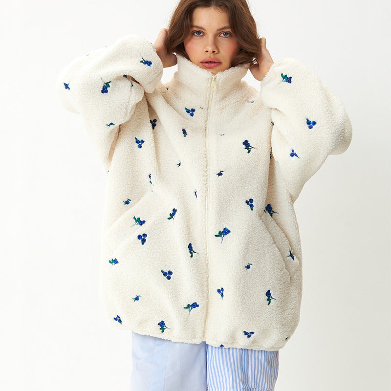 Damen kuschelige Fleecejacke mit Blumenstickerei Drune