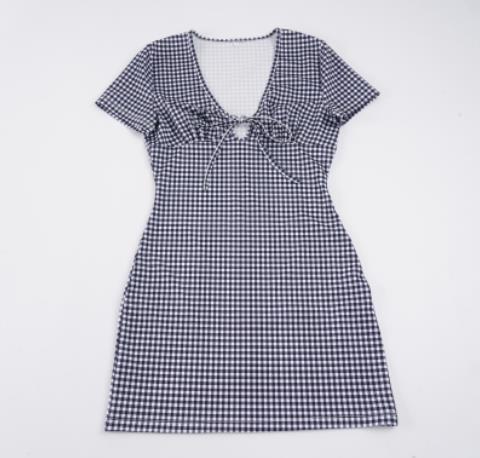 Damen Gingham Kleid mit tiefem V-Ausschnitt und Raffung Drune