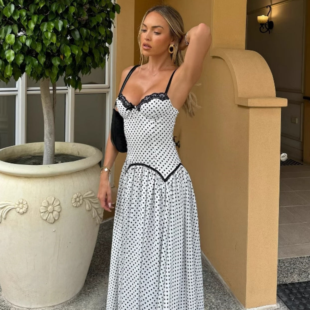 Damen Maxikleid mit gepunktetem Design und Spitzendetails Drune