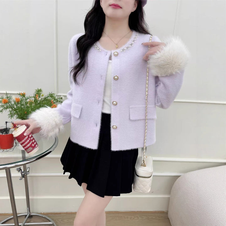Damen elegante Strickjacke mit Perlenverzierung und flauschigen Ärmeln Drune