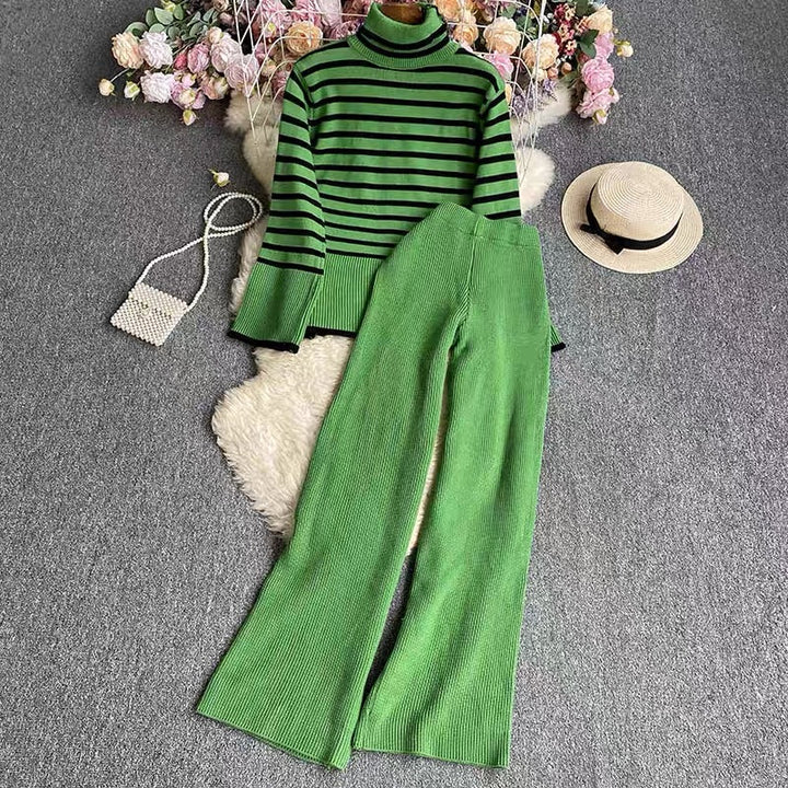 Damen elegantes gestreiftes Strickensemble mit hohem Kragen und weitem Bein Drune