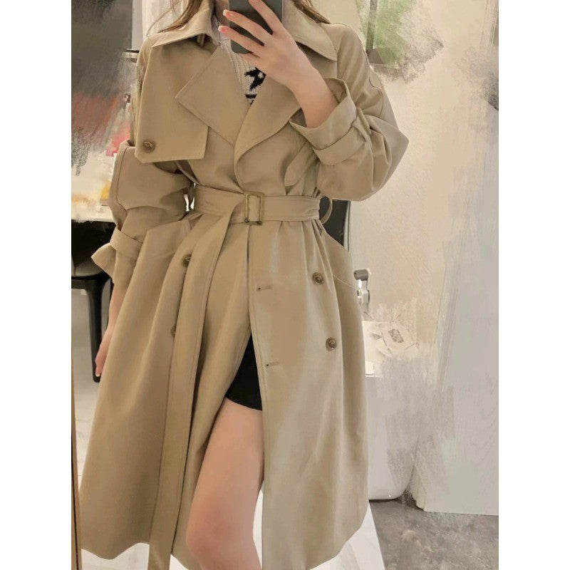 Damen Eleganter Midi-Trenchcoat mit Oversize-Schulterklappe, gerafften Ärmeln und taillierendem Bindegürtel Drune