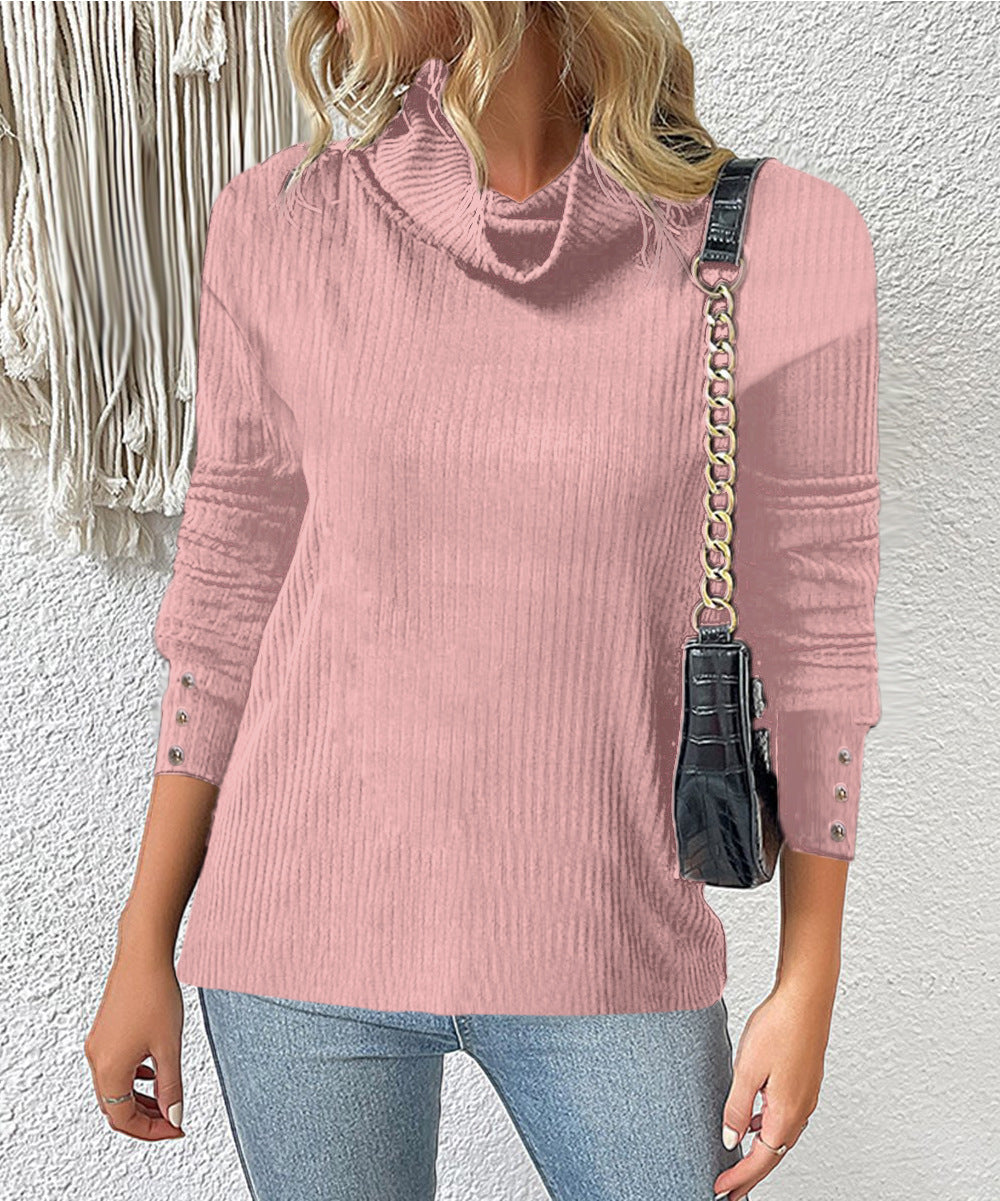 Damen Rippschneider Rollkragenpullover mit 3/4-Ärmeln und dekorativer Knopfleiste Drune