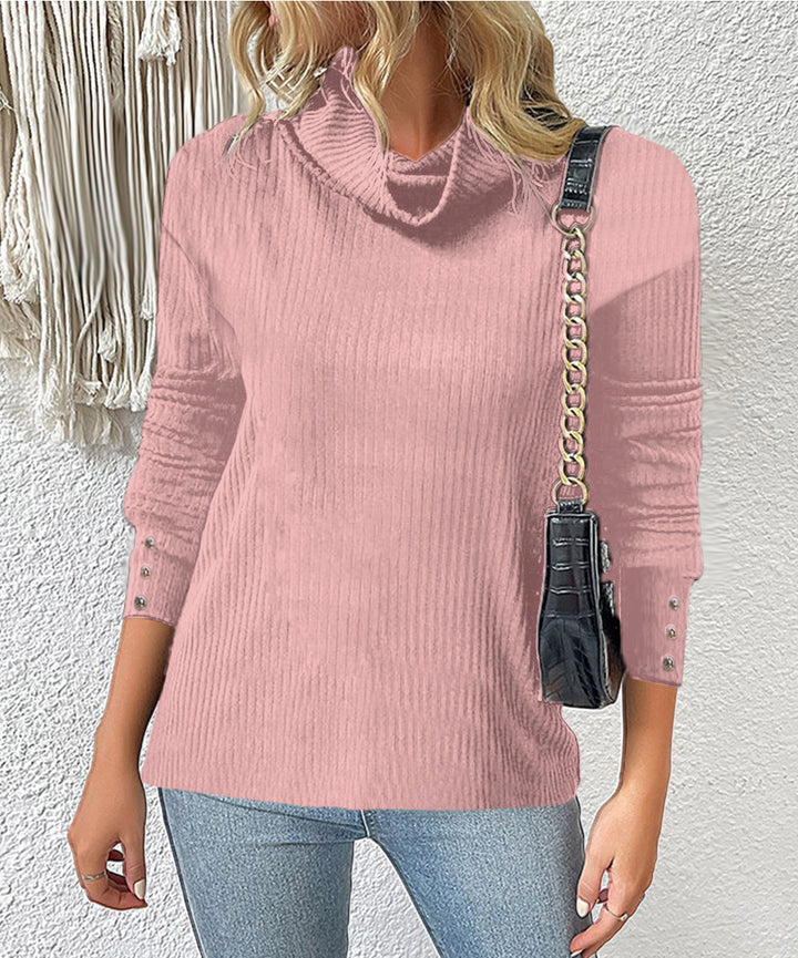 Damen Rippschneider Rollkragenpullover mit 3/4-Ärmeln und dekorativer Knopfleiste Drune