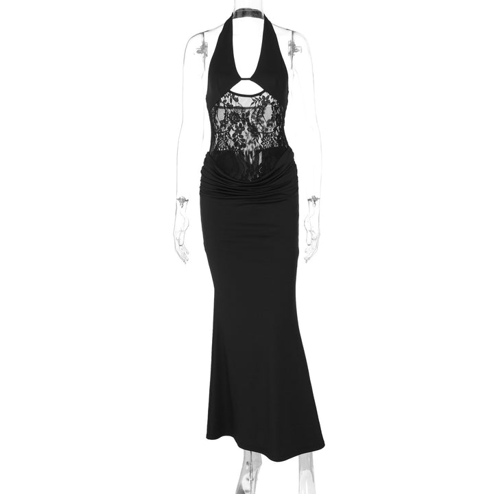 Damen Elegantes Maxikleid mit Halterneck, Spitzenverzierung und figurbetontem Schnitt Drune