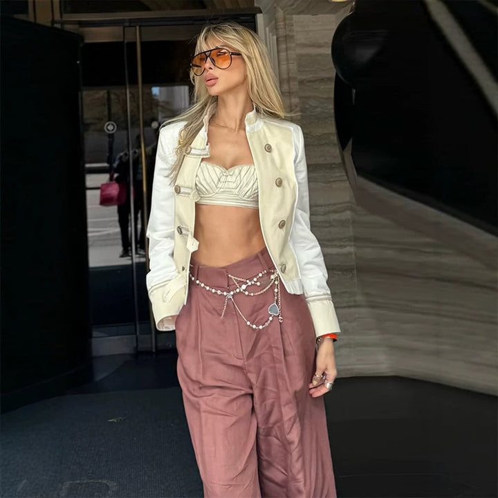 Damen Kurzjacke im militärisch inspirierten Satin‑Look mit Stehkragen Drune