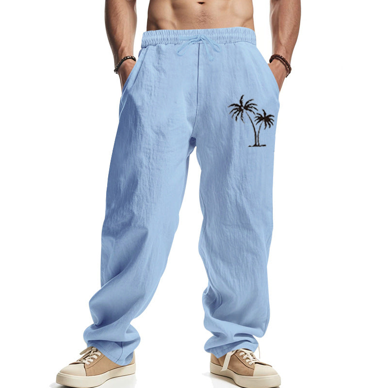 Herren Leichte Leinenoptik-Freizeithose mit elastischem Bund, Kordelzug & Palmen‑Stickerei Drune