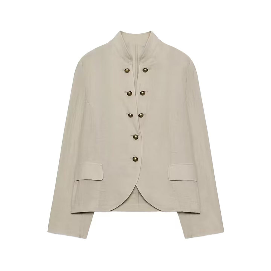 Damen Kurzblazer im Military-Stil mit Stehkragen und dekorativen Metallknöpfen Drune