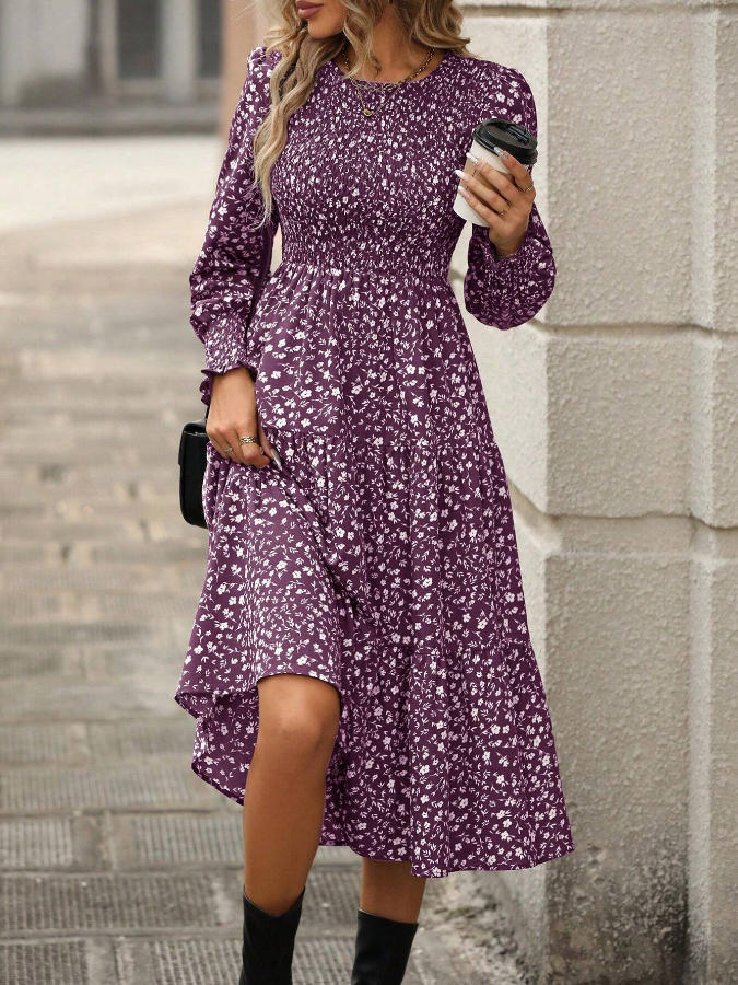 Damen florales Midi-Kleid mit geraffter Taille und langen Ärmeln Drune
