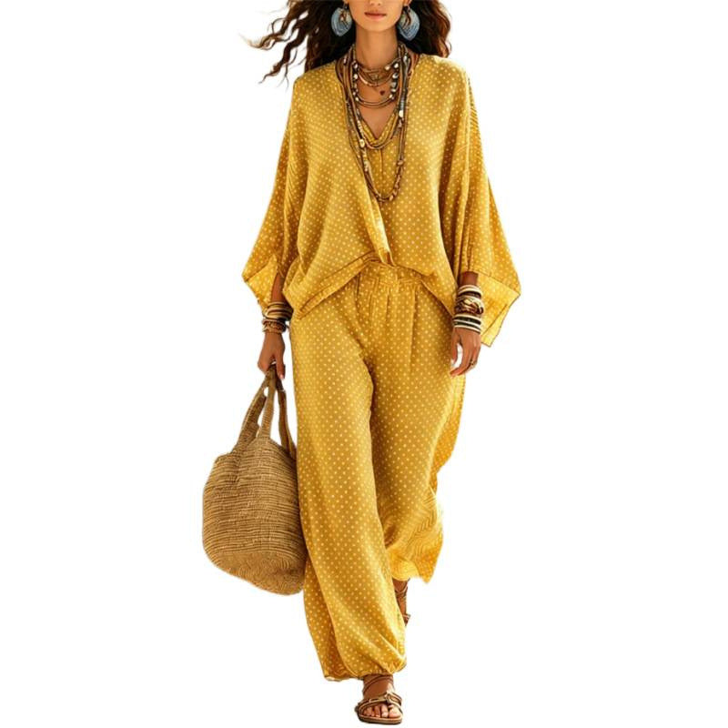 Damen Boho-Lounge-Set mit weitem V-Ausschnitt, Fledermausärmeln und elastischer Bund-Palazzohose Drune