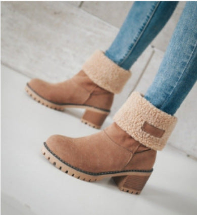 Damen Gefütterte Ankle-Boots mit Lammfell-Umschlag und profiliertem Blockabsatz Drune